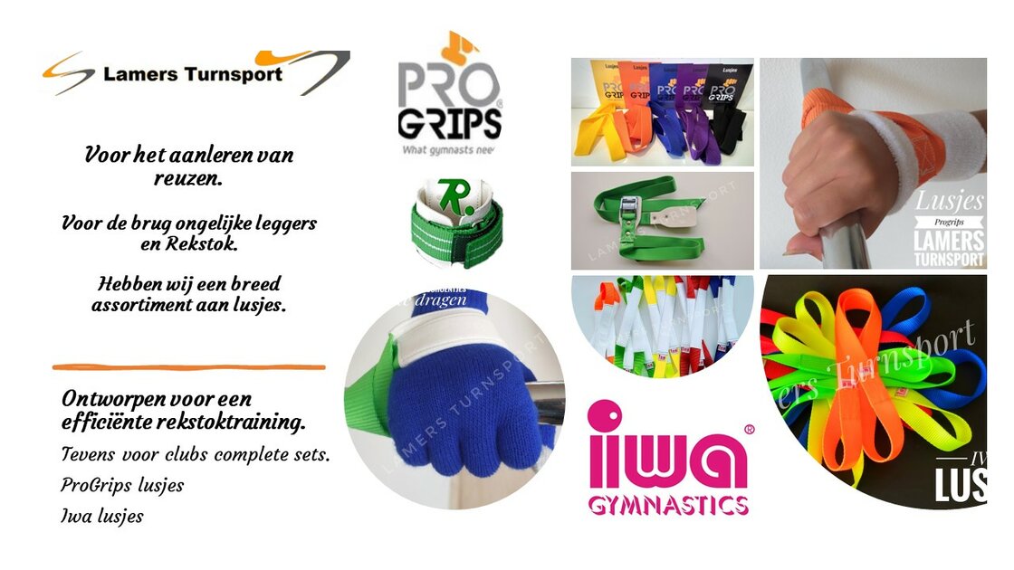 Lusjes Gymnastics, ProGrips, Iwa, Reichel, Handschoentjes, Badstof en Neopreen polsbanden