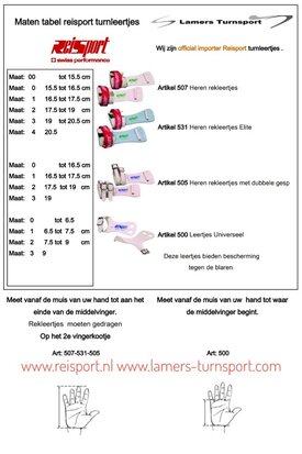 Maattabel Reisport turnleertjes www.lamers-turnsport.com