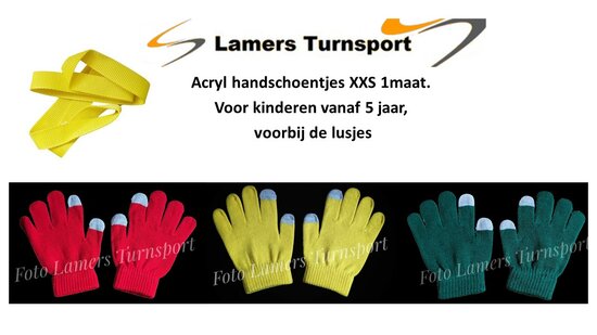 Acryl handschoentjes XXS Geel-Rood-Groen www.lamers-turnsport.com