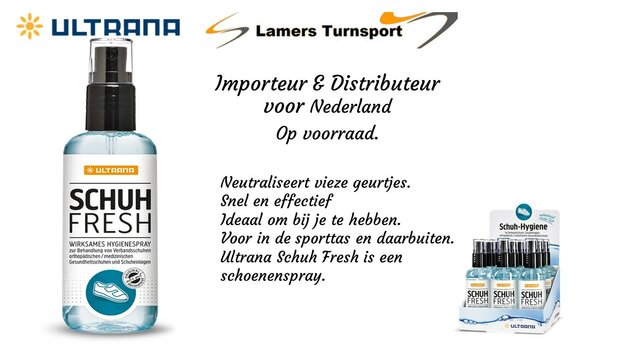 Neutraliseert vieze geurtjes snel en effectief Schoenenspray Ultrana (Hygienespray) www.lamers-turnsport.com